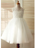 Ivory Lace Tulle V Neck Knee Length Flower Girl Dress